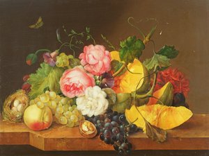 Asetelma kukkien ja hedelmien kanssa, 1821